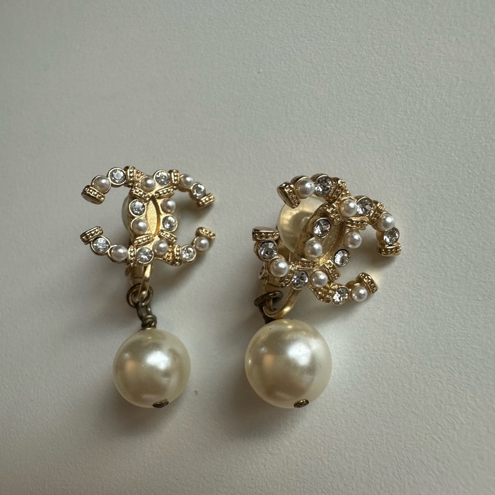 CHANEL Gold and Cream Pearl Earrings with Crystal Accents